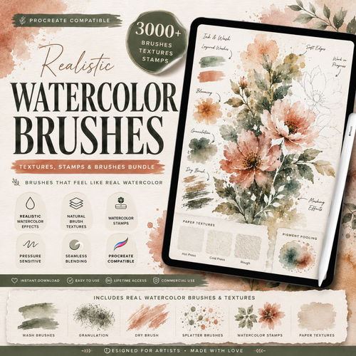 Realistic Watercolor Brushes for Procreate, Texttures, Stamps, & Brushes Bundle