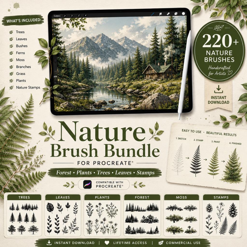 Nature Brushes for Procreate, Forest, Plants, Trees, Leaves, Stamps, Brush Bundle