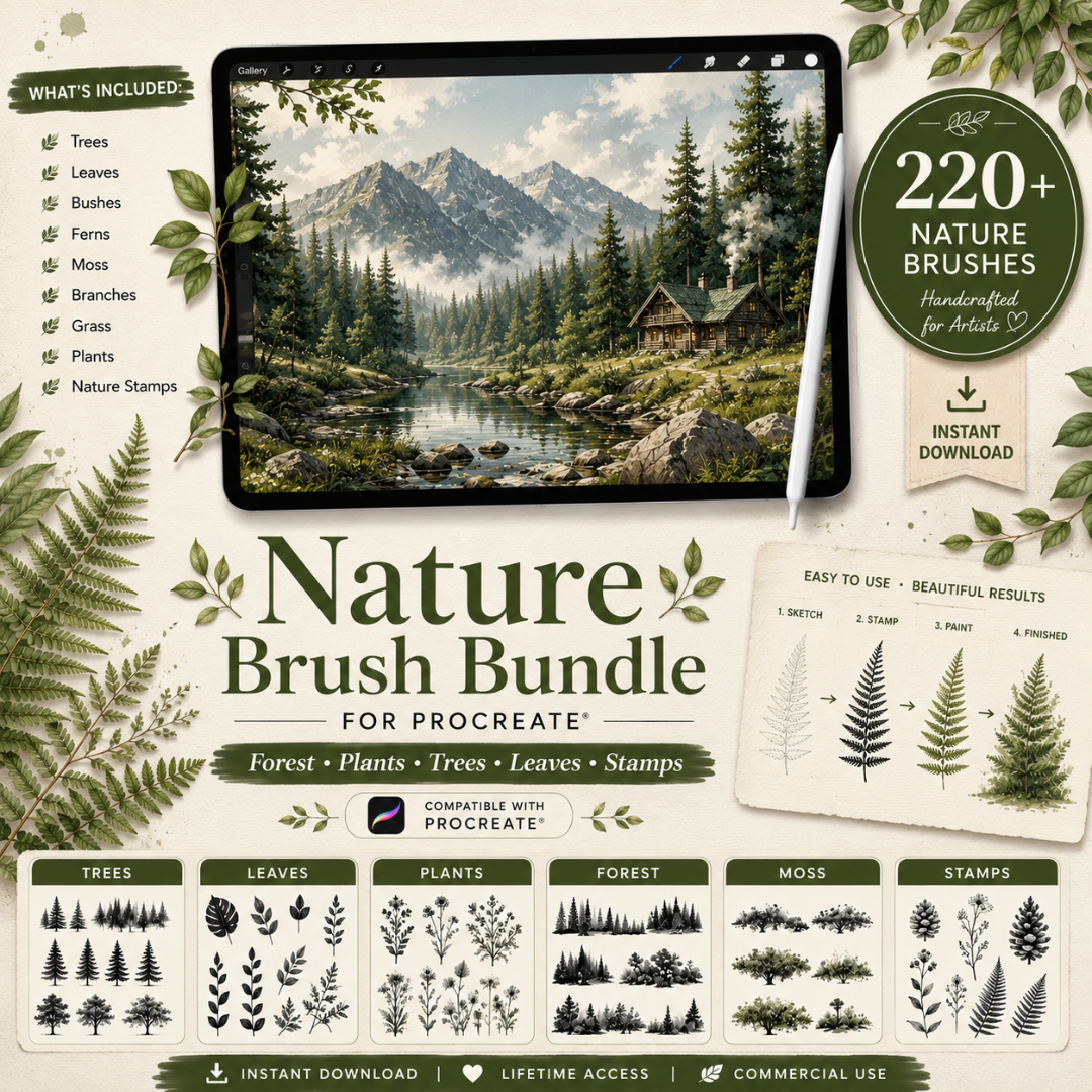 Nature Brushes for Procreate, Forest, Plants, Trees, Leaves, Stamps, Brush Bundle