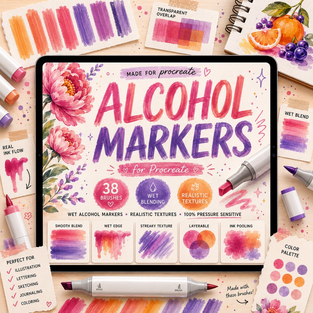 Alcohol Markers for Procreate, 38 Brushes, Realistic Texttues, Wet Alcohol Markers