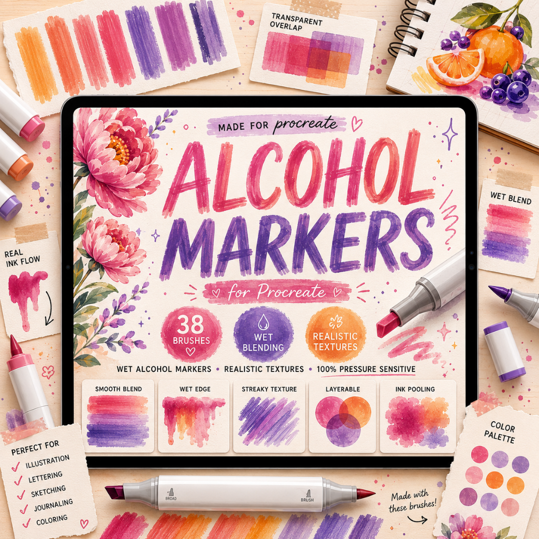 Alcohol Markers for Procreate, 38 Brushes, Realistic Texttues, Wet Alcohol Markers