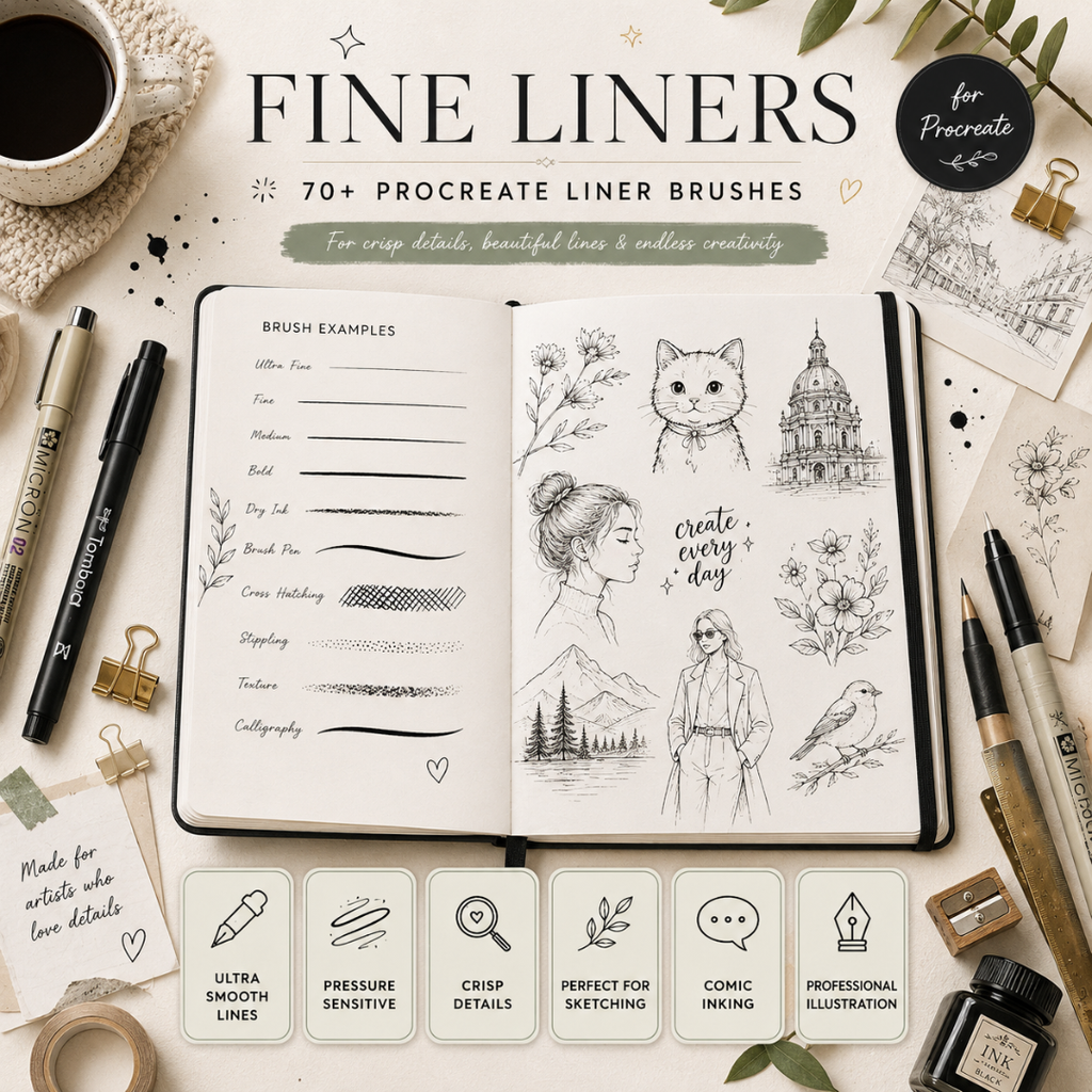 Fine Liner Brush Set for Procreate, 60+ Brushes