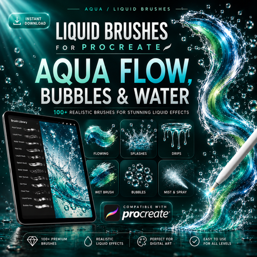 Liquid Brushes for Procreate, Aqua Flow, Bubbles & Water