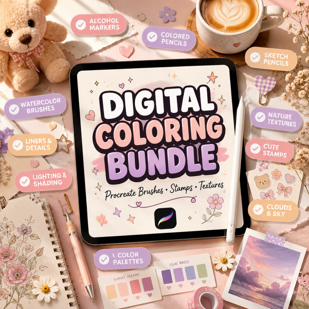 Digital Coloring Bundle for Procreate,   Alcohol Markers, Pencils, Cute Patterns, Textures, & Coloring Pages