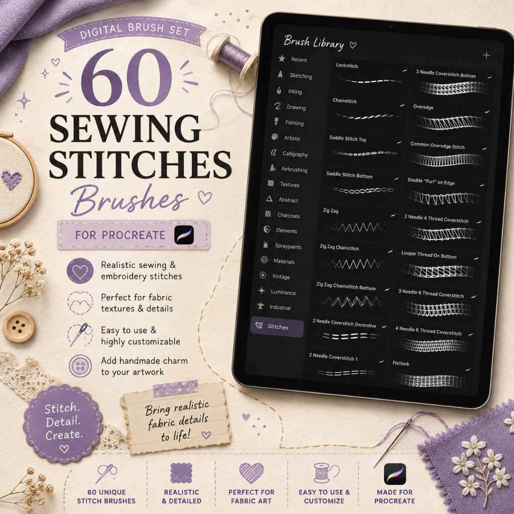 Sewing Stitches Brushes for Procreate, 50+ Brushes, Single & Double Needle, Coverstitch, Overlock