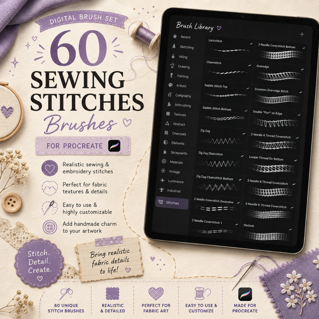 Sewing Stitches Brushes for Procreate, 50+ Brushes, Single & Double Needle, Coverstitch, Overlock