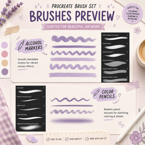 Digital Coloring Bundle for Procreate,   Alcohol Markers, Pencils, Cute Patterns, Textures, & Coloring Pages