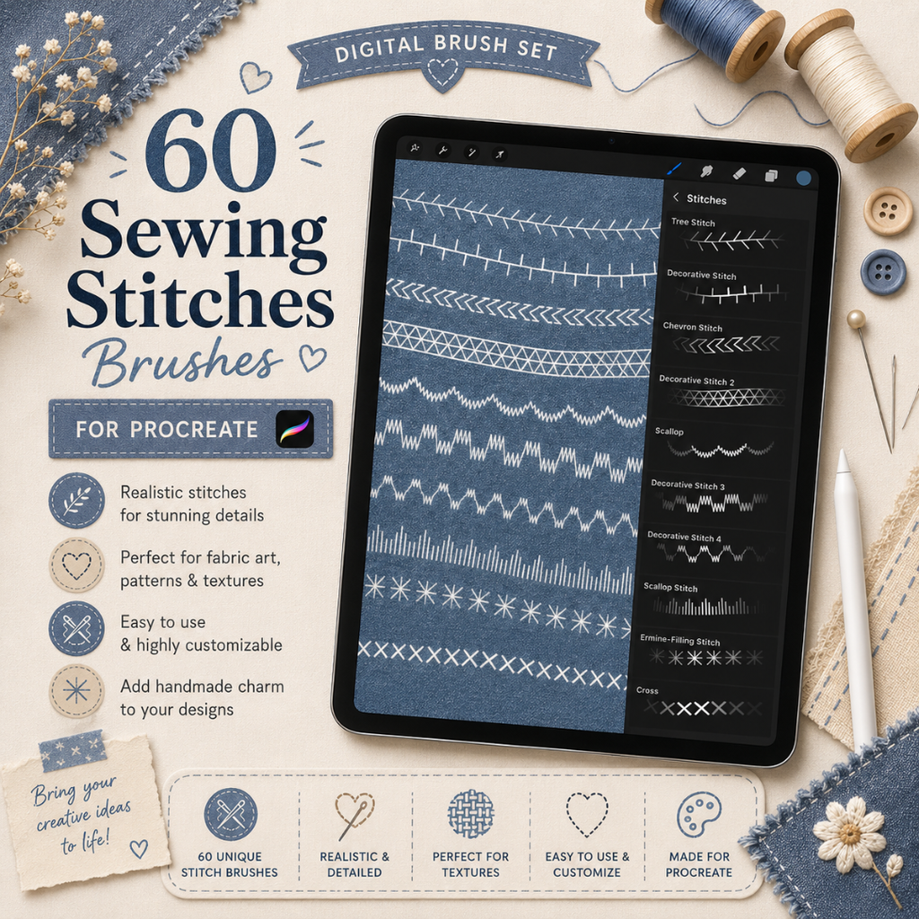 Sewing Stitches Brushes for Procreate, 50+ Brushes, Single & Double Needle, Coverstitch, Overlock