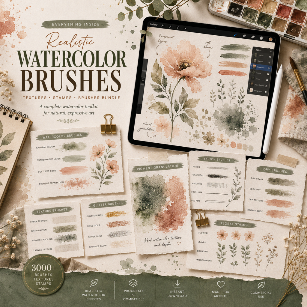 Realistic Watercolor Brushes for Procreate, Texttures, Stamps, & Brushes Bundle