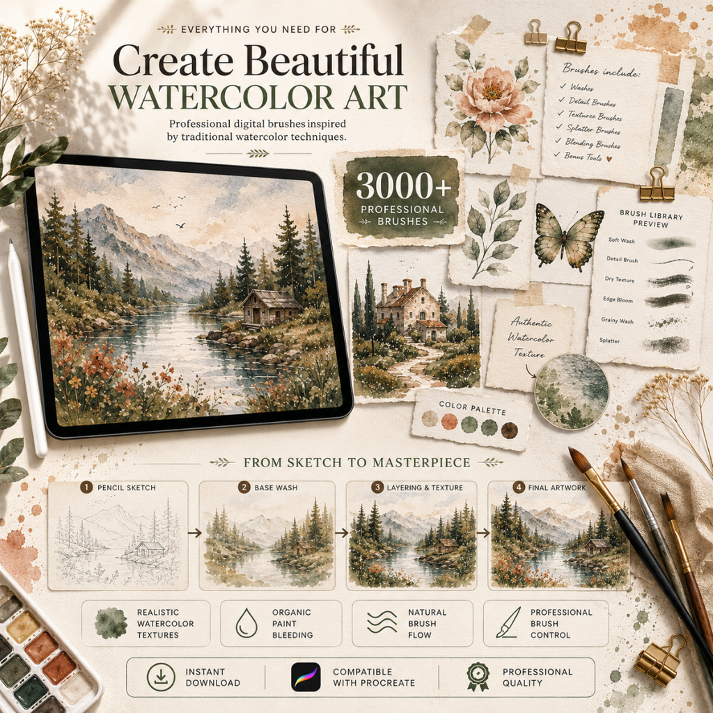 Watercolor Brushes for Procreate, 3000+ Brush Mega Bundle