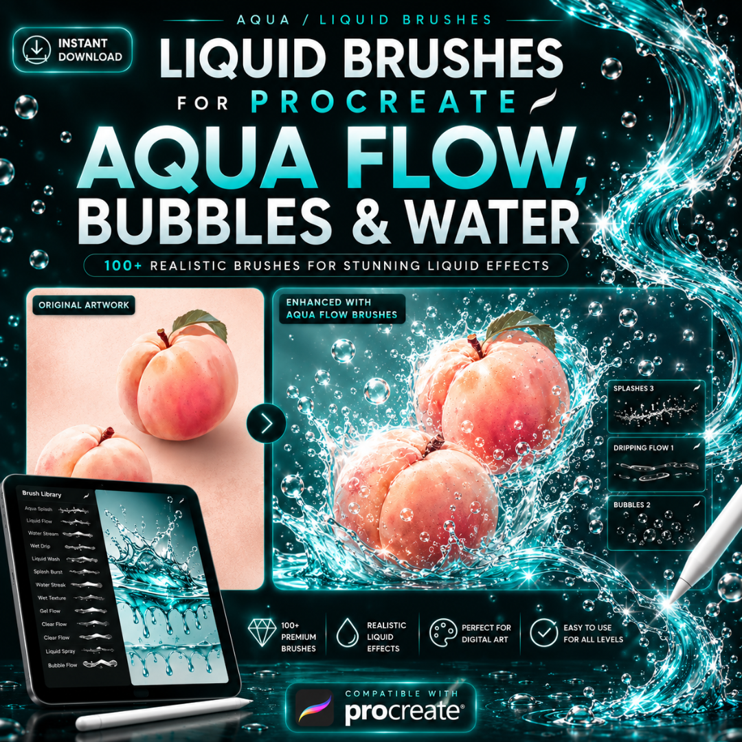 Liquid Brushes for Procreate, Aqua Flow, Bubbles & Water