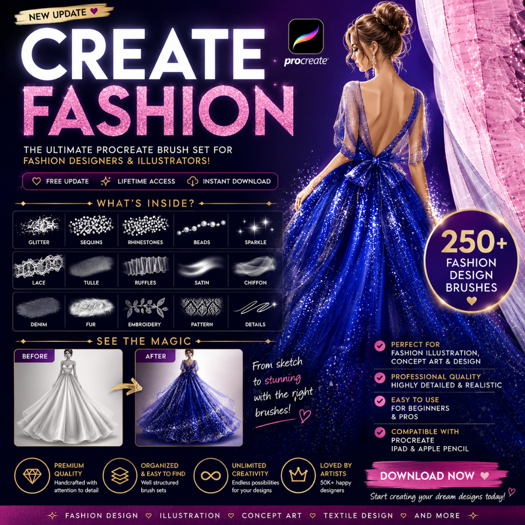 Fashion Brushes for Procreate, Dresses, Ruffles, Lace, Fabrics