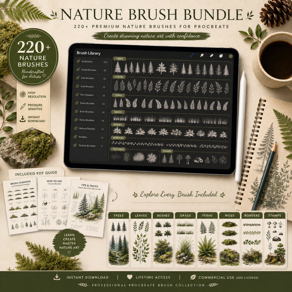 Nature Brushes for Procreate, Forest, Plants, Trees, Leaves, Stamps, Brush Bundle