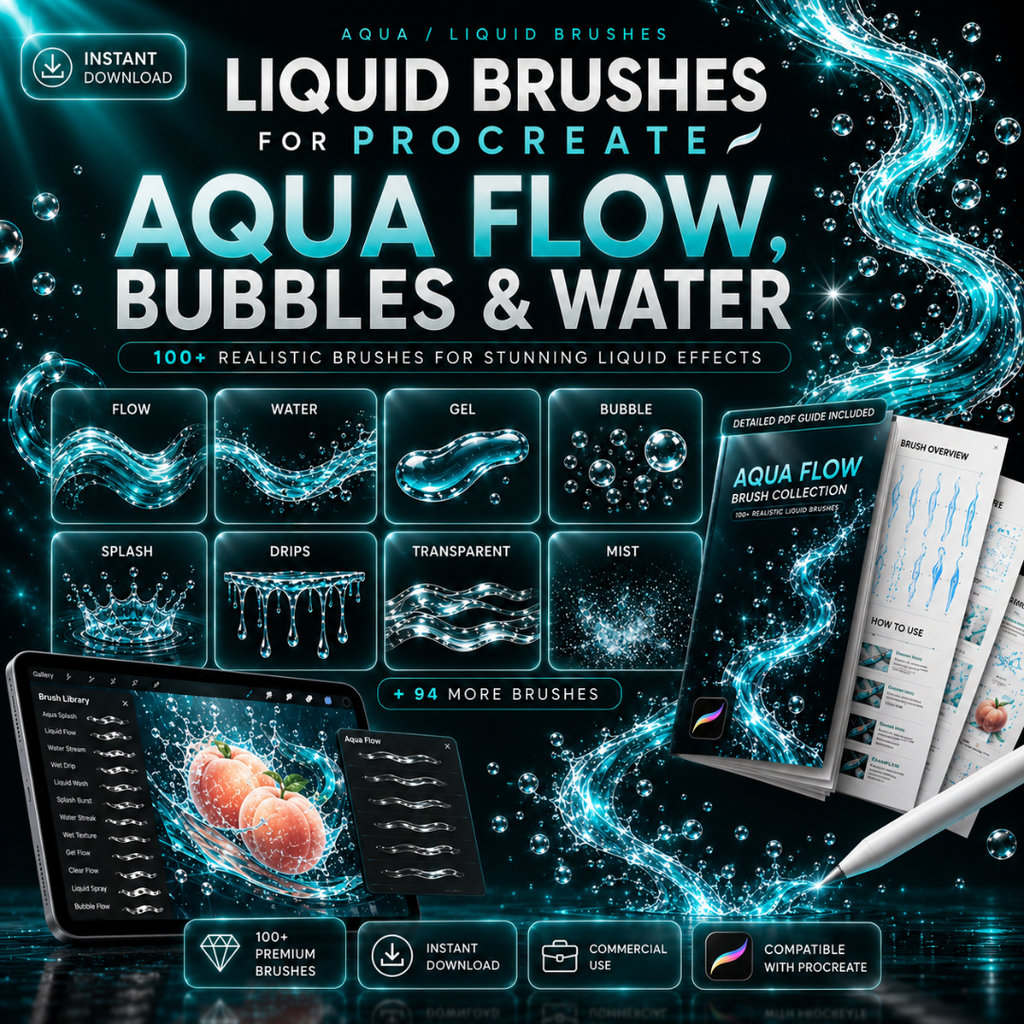 Liquid Brushes for Procreate, Aqua Flow, Bubbles & Water