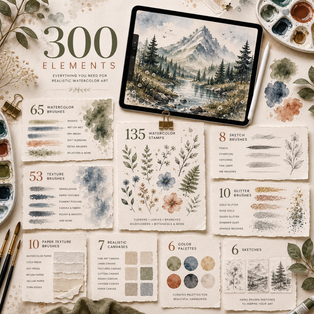 Realistic Watercolor Brushes for Procreate, Texttures, Stamps, & Brushes Bundle