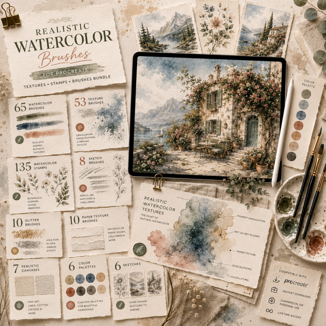 Realistic Watercolor Brushes for Procreate, Texttures, Stamps, & Brushes Bundle