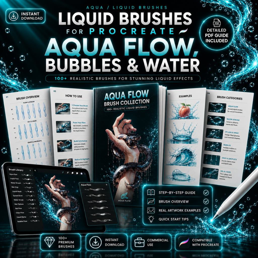 Liquid Brushes for Procreate, Aqua Flow, Bubbles & Water