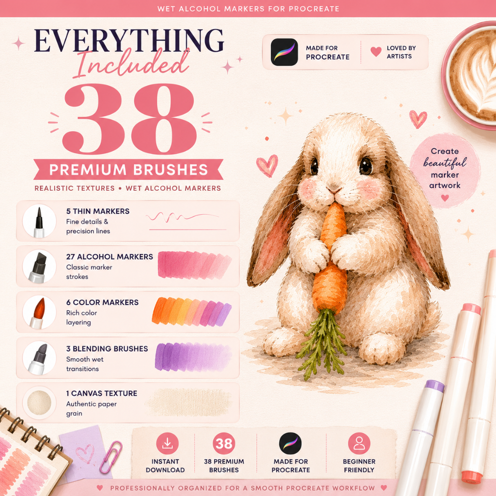Alcohol Markers for Procreate, 38 Brushes, Realistic Texttues, Wet Alcohol Markers