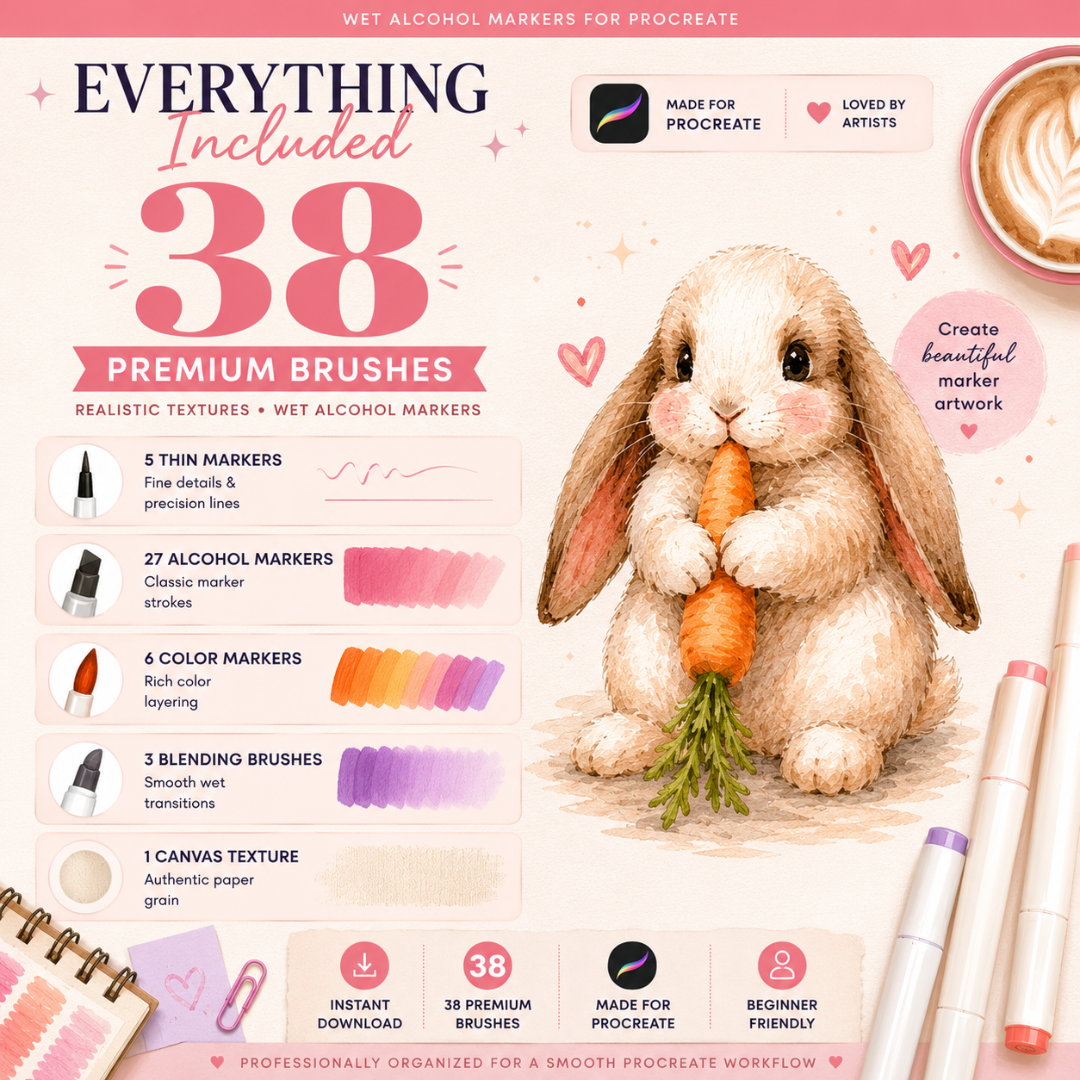 Alcohol Markers for Procreate, 38 Brushes, Realistic Texttues, Wet Alcohol Markers