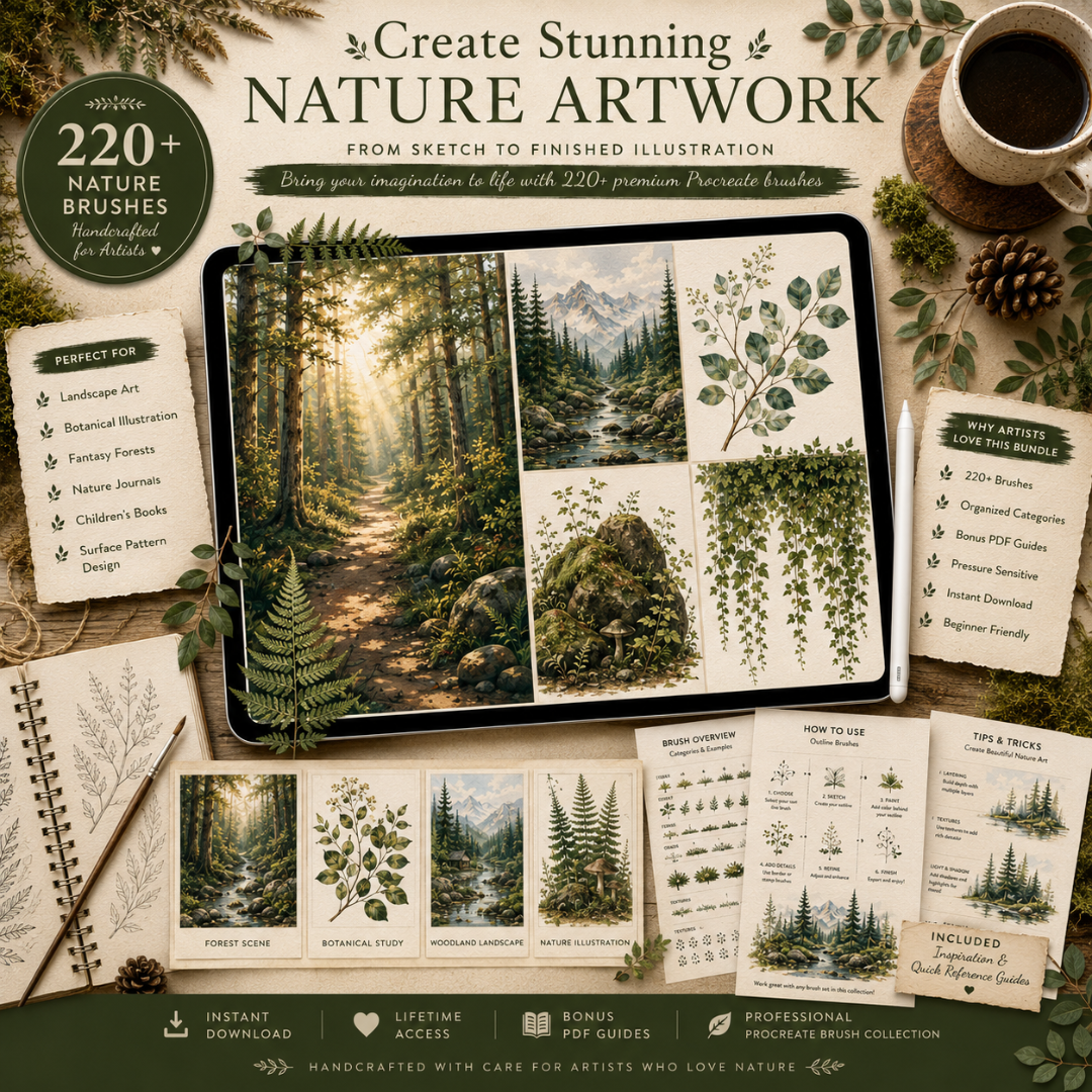 Nature Brushes for Procreate, Forest, Plants, Trees, Leaves, Stamps, Brush Bundle