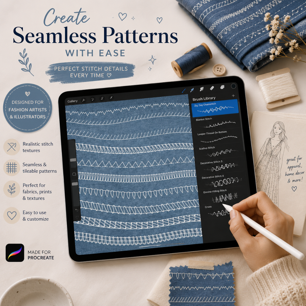 Sewing Stitches Brushes for Procreate, 50+ Brushes, Single & Double Needle, Coverstitch, Overlock