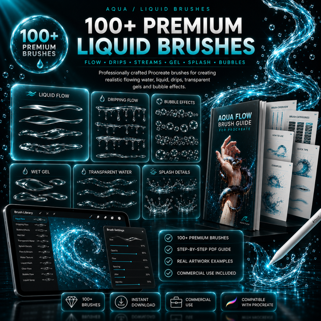 Liquid Brushes for Procreate, Aqua Flow, Bubbles & Water