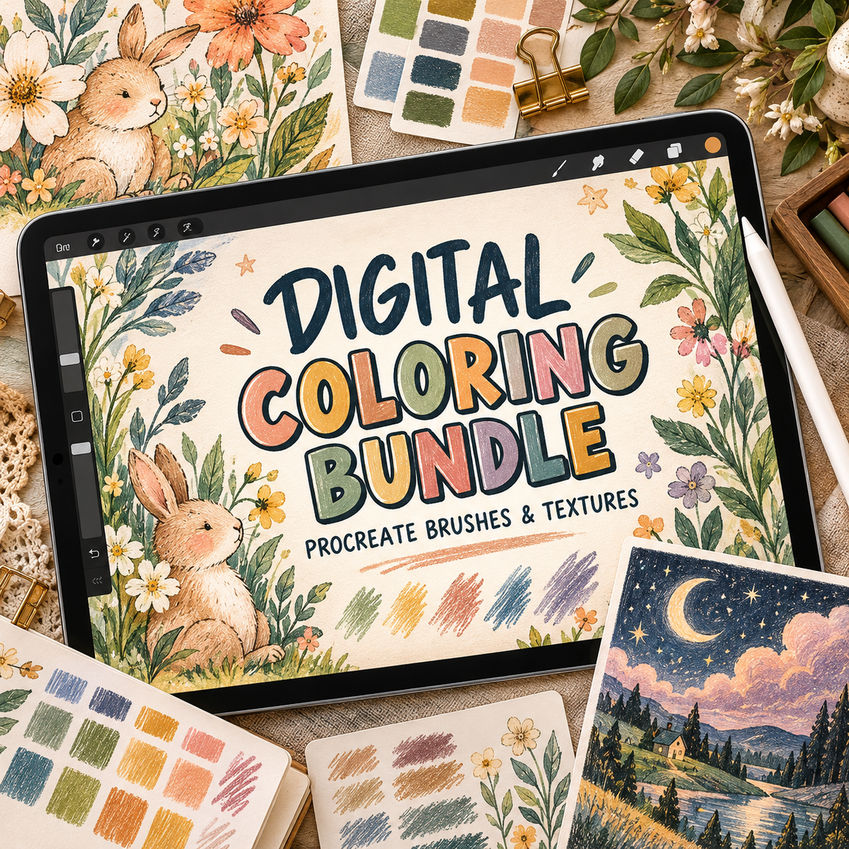 Procreate Coloring Brush Bundle, Alcohol Markers Pencils And Textured Brushes
