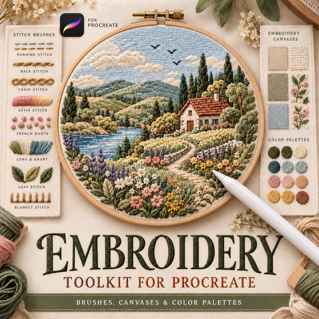 Embroidery Brushes for Procreate, Realistic Stitch Brushes And Fabric Textures