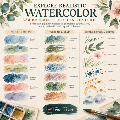 380 Watercolor Brushes for Procreate, Realistic Painting Brushes And Color Palettes