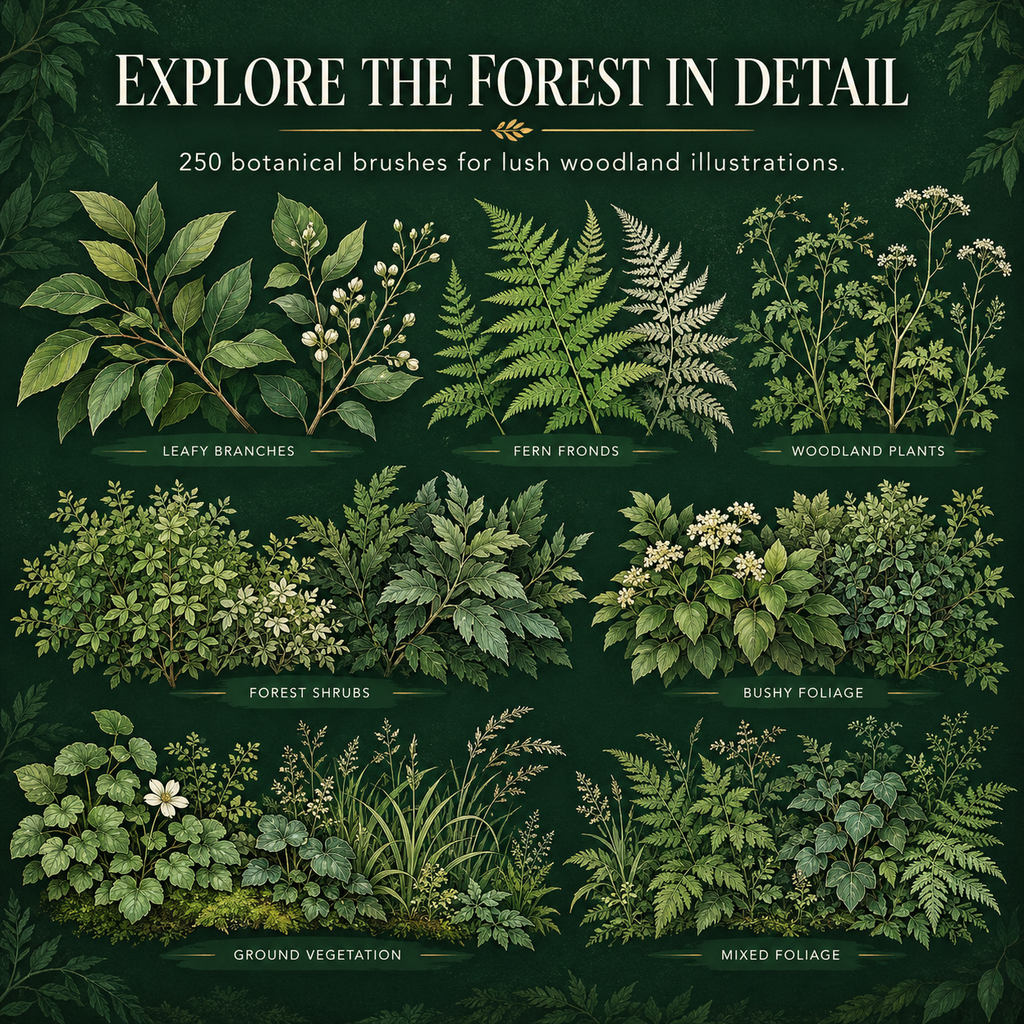 250 Procreate Forest Brushes, Trees Leaves Branches And Nature Stamps