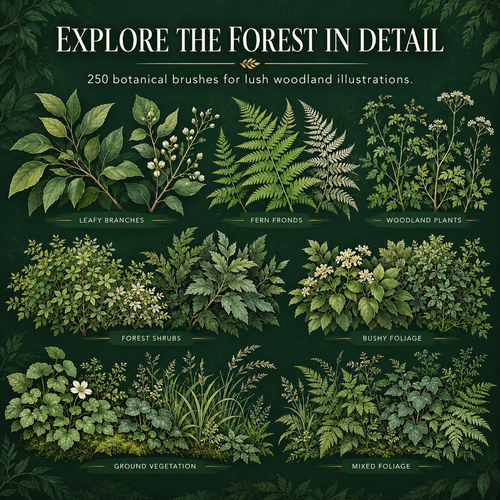 250 Procreate Forest Brushes, Trees Leaves Branches And Nature Stamps