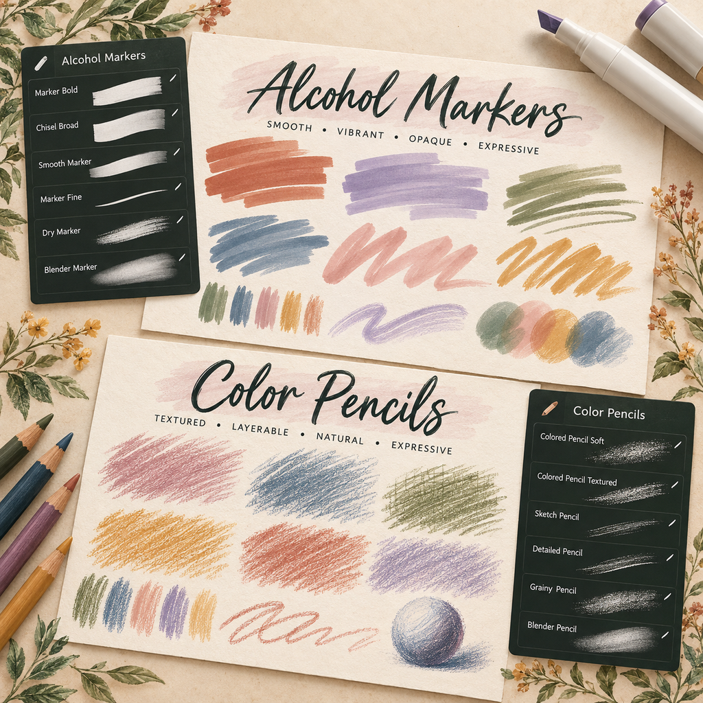 Procreate Coloring Brush Bundle, Alcohol Markers Pencils And Textured Brushes