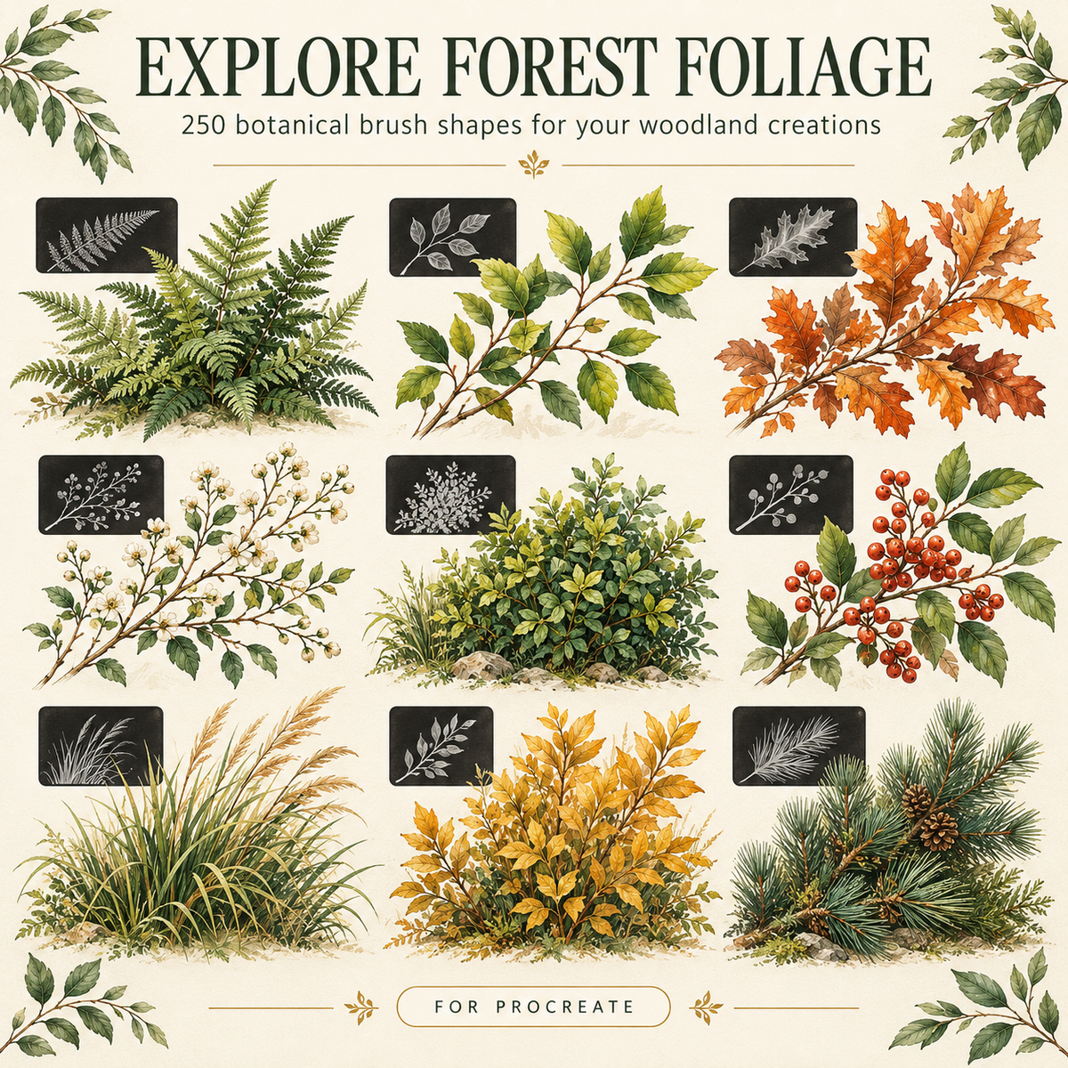 250 Procreate Forest Brushes, Trees Leaves Branches And Nature Stamps
