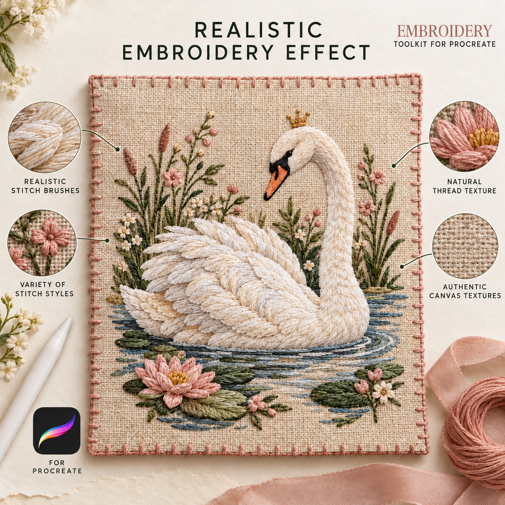 Embroidery Brushes for Procreate, Realistic Stitch Brushes And Fabric Textures