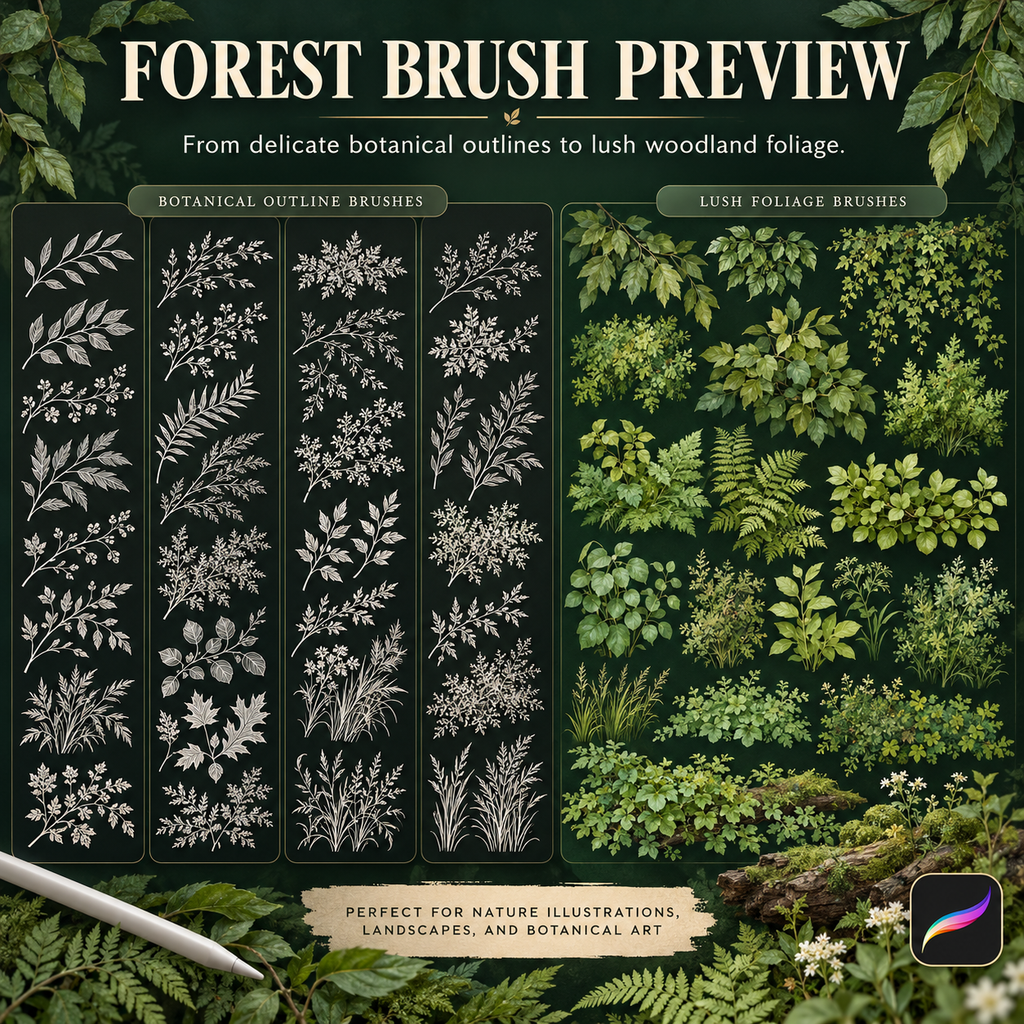 250 Procreate Forest Brushes, Trees Leaves Branches And Nature Stamps